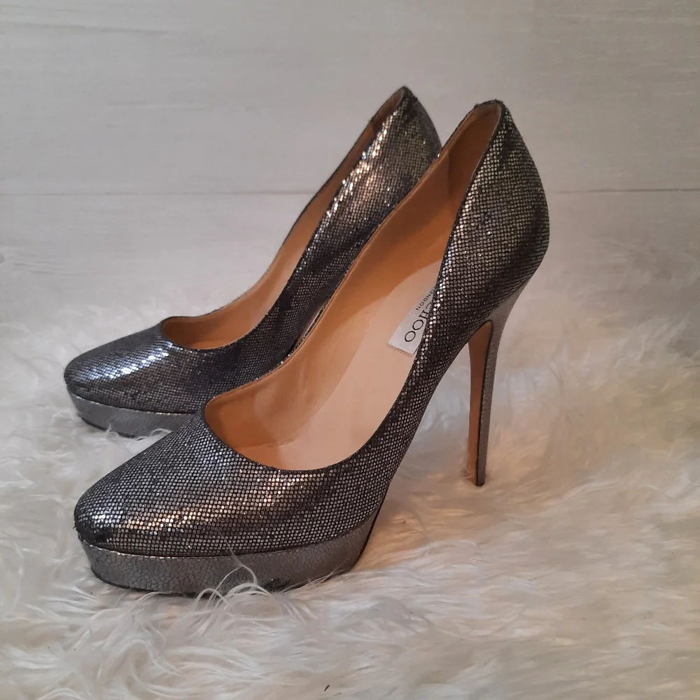 Jimmy Choo Silver black shimmer Platform heels sz 38.5 8.5 Italy - Picture 9 of 11